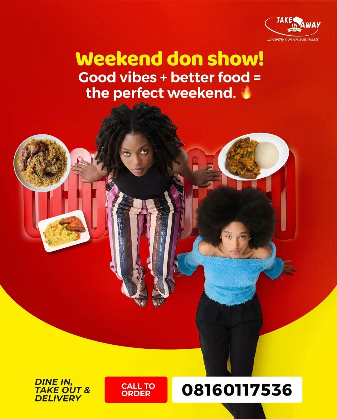 Weekend don show flyer: two guests with plates of jollof rice, fried rice, grilled chicken and swallow
